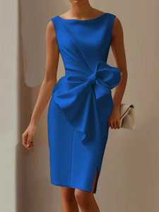 Elegante Abito Midi Senza Maniche con Fiocco in Vita, Tessuto Morbido e Confortevole, Scollo a Barca, Vestito Aderente per Eventi Formali e Uscite Quotidiane - Product Image 1