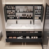 Meuble de salle de bain avec double vasque et miroir, combinant lavabo et table de toilette, avec vasque en porcelaine monobloc, sur pied