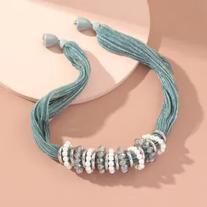 波西米亚时尚潮流手工针织珍珠透明水晶珠项链长链项链女性饰品