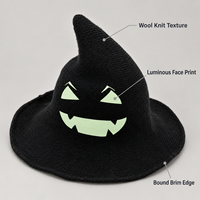 Chapeau de sorcière en laine avec logo personnalisé, imprimé phosphorescent, chapeau de magicien pointu, accessoire de fête costumée, OEM ODM, vente en gros, chapeau personnalisé