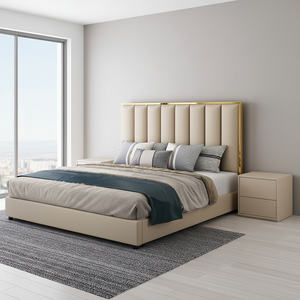 Letto Matrimoniale di Lusso in Acciaio Inossidabile con Rivestimento in Pelle Genuina, Disponibile in Oro, <span class=keywords><strong>Beige</strong></span>, <span class=keywords><strong>Grigio</strong></span> <span class=keywords><strong>e</strong></span> <span class=keywords><strong>Bianco</strong></span> - Product Image 3