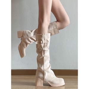 Nouvelles bottes de cow-boy occidentales pour femmes, couleur abricot, bout rond, plateforme, talon bloc, boucle de ceinture, imperméables, polyvalentes, bottes hautes à la mode - Product Image 3