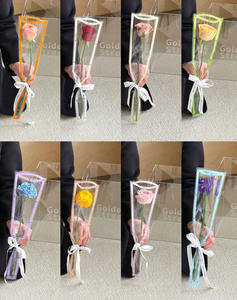 تمنيات جميلة: حقيبة فردية، شفافة، عبوة زهرة وردية واحدة، تغليف زهور، ورق باقة زهور. - Product Image 1