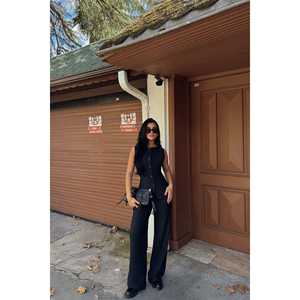 Ensemble haut et bas noir Lamarie pour femme avec ceinture à nouer, costume élégant pour femme - Product Image 1