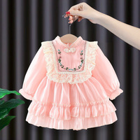 Robe Cheongsam de style chinois pour petites filles, broderie florale, dentelle, volants, manches longues, tulle superposé, tenue de princesse