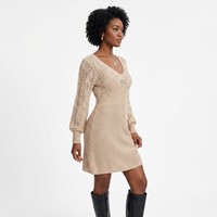 Robe pull personnalisée OEM & ODM pour femme, tricot pointelle, manches longues bouffantes, col en V, mode décontractée printemps-été, polyester, Vestidos Robe