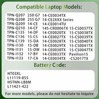 Vente d'usine 11.4V 41Wh HT03XL pour HP TPN-Q207 Pavilion 14 15 Series L11119-855 HSTNN-LB8M L11421-422