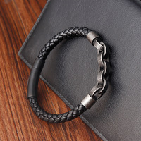 Bracelet pour homme OPJ en acier inoxydable fait main, perles, cuir véritable noir 316L avec fermoir magnétique, bijoux simples