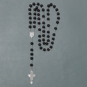 Chapelet religieux en perles de verre noires rondes, collier de prière avec médaille <span class=keywords><strong>Notre</strong></span>-<span class=keywords><strong>Dame</strong></span> de Fatima et crucifix pour la culte - Product Image 5