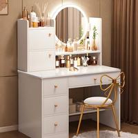 Table de toilette moderne de grande capacité avec miroir éclairé, étagères ouvertes, tiroir, armoire, rangement pour chambre à coucher, bureau de maquillage