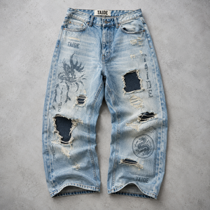 Jean baggy à jambe large certifié GRS TaiDe, imprimé Dragon Phoenix, effet déchiré et délavé, logo personnalisé, fabricant ODM pour hommes - Product Image 1