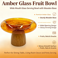 Mangkuk Buah Kaca Amber dengan Alas Kayu, Mangkuk Sajian Kaca Dekoratif Tiup Manual untuk Camilan, Kacang, Makanan Penutup, Dekorasi Meja Rumah