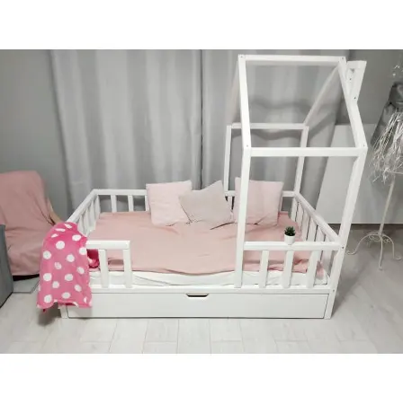 Tempat Tidur Rumah Anak-anak dengan Pembatas dan Laci Furnitur Kamar Tidur Abu-abu atau Putih Kayu Pinus Solid Tempat Tidur Anak Ranjang Bayi