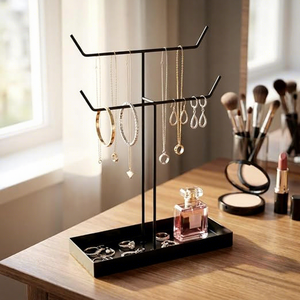 Modern <b>Rectangular</b> Jewelry Display Stand with Adjustable Hooks and Tray for Necklaces Bracelets <b>Watches</b> Rings - Product Image 4