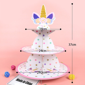 <strong>Haosi</strong> European-style Cartoon Paper 3-tier unicorn Cake Stand for Weddings and Birthday Parties Disposable Gold Glitter - Product Image 3