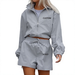 Ensemble de sport gris 2 pièces pour femme : veste à col montant zippée et short, coupe ample, séchage rapide, style sportif printemps-été - Product Image 1