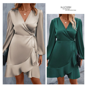 2026 Fashion Women Deep V-<b>Neck</b> Low-Cut Long Sleeve Satin Summer Casual Party Corset Dress - Product Image 4