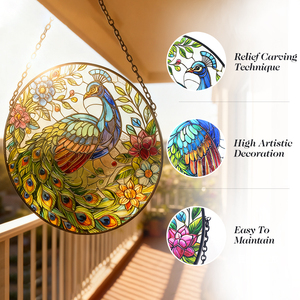 Stained Glass Art Deco Peacock Suncatcher Round Glass <b>Panel</b> & Metal Chain Window Hanging Home Decor - Product Image 3