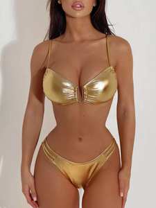 <span class=keywords><strong>Maillot</strong></span> <span class=keywords><strong>de</strong></span> <span class=keywords><strong>bain</strong></span> <span class=keywords><strong>2</strong></span> <span class=keywords><strong>pièces</strong></span> sportif doré pour femme, finition métallique liquide brillante, bas string, patchwork uni, style brésilien, idéal pour les carnavals - Product Image 2