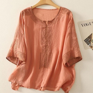 Chinese Style Cotton <b>Linen</b> Embroidered V Neck Short Sleeve T Shirt Women Summer Loose Fit <b>Plus</b> <b>Size</b> Literary <b>Top</b> - Product Image 1