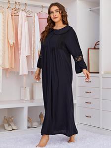 KISS ME ANGEL Pyjamas grande taille 1XL-4XL, chemise de nuit à manches longues avec col bébé, dentelle élégante, vêtements de nuit noirs pour femmes - Product Image 4