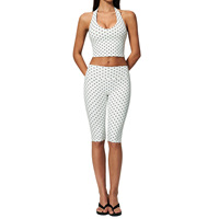 Ensemble de yoga pour femme à pois en polyester/spandex, col en V profond, taille mi-haute, haute élasticité, pour entraînement fitness tridimensionnel