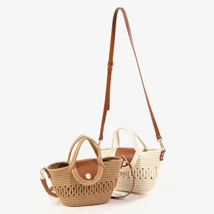 Tas jerami wanita, dompet desain modis untuk wanita tas ember jerami wanita desain dompet tas bahu dengan desain jala mutiara