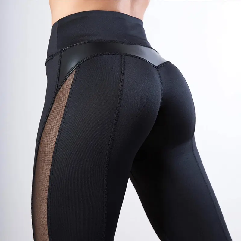 Women Leggings Yoga Sport for Fitness Ladies PU mesh fabric patch Pants High Waist Push up Workout Exercise Running Gym pants