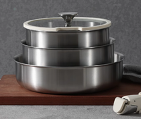 Ensemble d'ustensiles de cuisine en acier inoxydable avec poignée amovible, antiadhésif, casseroles, poêles, wok, empilable, compatible induction, pour camping et maison