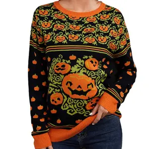 Suéter de Halloween de calabaza europea y americana, jersey de cuello redondo de otoño, Top de punto suelto para mujer