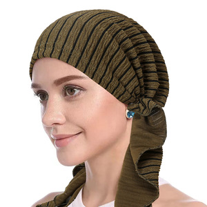 Chapeau de <span class=keywords><strong>chimio</strong></span> HZM-24208 élégant à rayures de couleur unie Turban <span class=keywords><strong>Bonnet</strong></span> Tails - Product Image 3