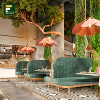 Diseño Interior de Cafetería Ecológico y Personalizado, Estilo Floral con Temática Verde, Diseño de Asientos Moderno, Iluminación LED Natural