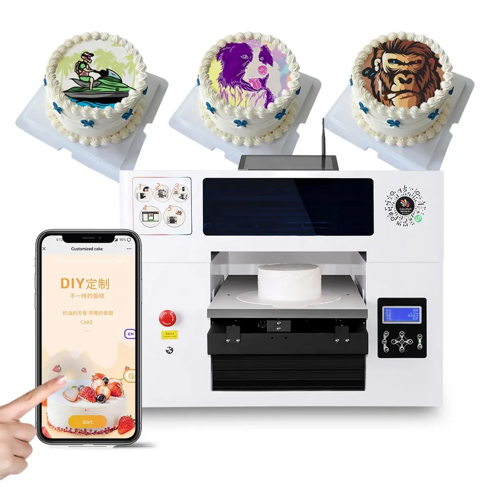 वाईफ़ाई मोबाइल एप्लिकेशन केक फोटो प्रिंटर खाद्य खाद्य स्याही स्मार्ट खाद्य प्रिंटिंग मशीन 6/8/10/12 इंच केक उपलब्ध
