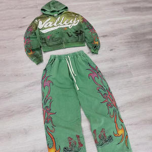 هودي مطرز بالأحجار الكريمة مخصص للرجال، هودي ثقيل الوزن بأسلوب الهيب هوب، بنطلون هودي مقصوص بسحاب وتأثير مغسول - Product Image 3