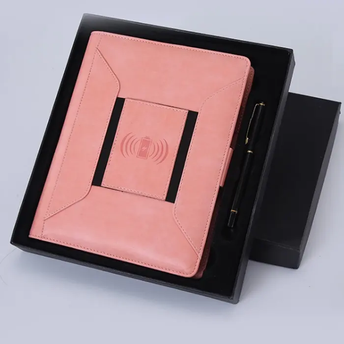Popular cuaderno inalámbrico personalizado, cubiertas de cuero para diario de pu, con powerbank y usb