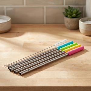 Reusable <b>Metal</b> Drinking <b>Straws</b> 4 Pack With Cleaning Brush Set Colorful Handles For Coffee Drinking - Product Image 3