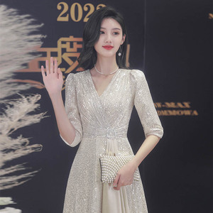 Champagne Gold Evening Gown V-Neck Long Sleeve Wrap Tie Formal Dress For Banquet And Ceremony - Product Image 4