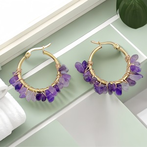 <b>Hoop</b> Earrings Natural Stone Wrapped Gold Plated <b>Large</b> Size Bohemian Style Fashion Jewelry - Product Image 1