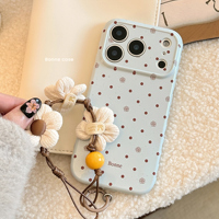 Coque de téléphone antichoc en TPU+PC style INS à pois et motifs floraux pour 17/16/15 ProMax avec dragonne