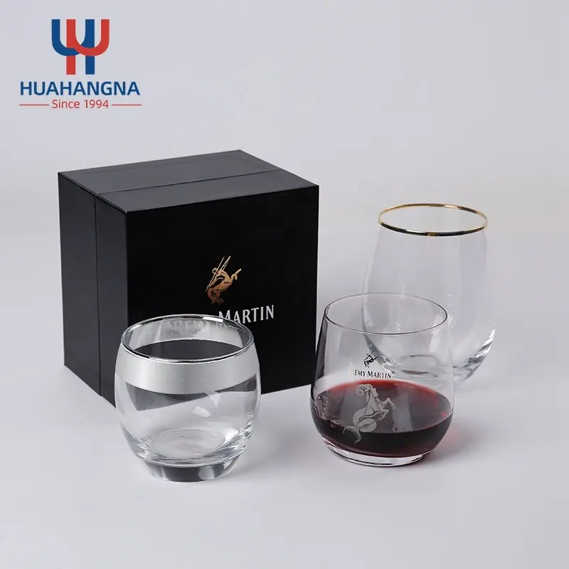 Benzersiz özel Logo kazınmış el üflemeli kristal temizle Stemless cam kırmızı şarap şişesi için hediye kutusunda bordo bordo viski