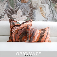Coussin décoratif de luxe en soie à motif artistique moderne, imprimé plumes orange, écologique et respirant, pour hôtel, villa, canapé, maison