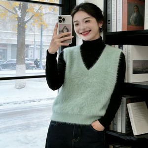 Pull sans manches en <span class=keywords><strong>mohair</strong></span> à col en V pour femmes, nouvelle collection printemps - Product Image 2