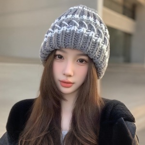 Bonnet d'hiver personnalisé pour femme, tendance, rayé, à revers, chaud, <span class=keywords><strong>en</strong></span> fil islandais, confortable, tricoté côtelé épais, style crochet - Product Image 2