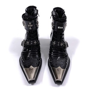 Bottes <span class=keywords><strong>Chelsea</strong></span> unisexes pour hommes, style <span class=keywords><strong>punk</strong></span> métallique, à bout pointu, montantes à la cheville, avec clous et patchwork, à talon épais rehaussant, pour l'été et l'hiver - Product Image 5