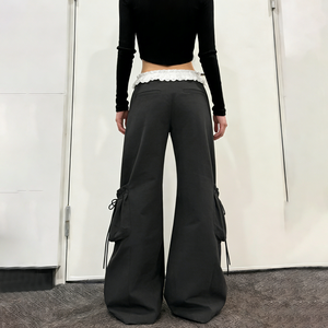 Pantalon cargo ample en dentelle tissée de style français pour femmes, taille basse, cordon de serrage à la taille, poches, légèrement évasé, décontracté - Product Image 5