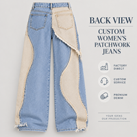 Jean large pour femme, patchwork bicolore, coupe irrégulière, bords effilochés, denim color block, pour un style urbain