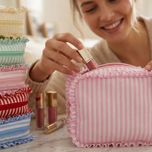 Striped Ruffle Edge Cosmetic Custom Logo Makeup Pouch Travel Storage Organizer Bag - Product Image 2