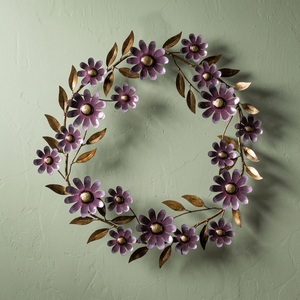 Corona Floral Rústica de Metal, Redonda, Hecha a Mano, Decorativa, con Flores, Arte de Pared sin Iluminación, Hojas Moradas y Doradas - Product Image 2