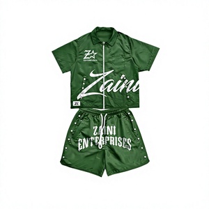 ZAINI 280 GSM Premium 100% Polyester Interlock <b>Green</b> Custom Men's Breathable Summer T Shirt Short Set Embossed Hand Embroidery - Product Image 1
