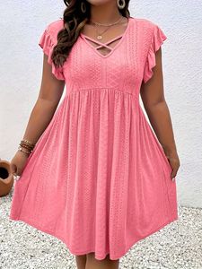 Robe décontractée en mousseline unie pour femme, longueur genou, coupe trapèze, avec dentelle, taille naturelle, idéale pour l'été - Product Image 3